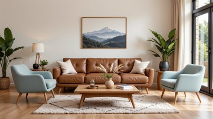 Cozy modern living room with brown leather sofa, blue armchairs, and mountain landscape wall art