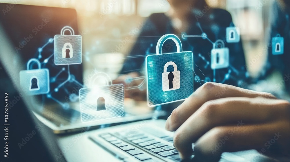 Poster desktop displaying cybersecurity interface and digital encryption tools in a modern office