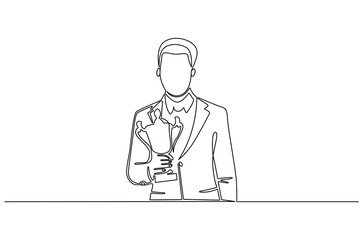 Continuous one line drawing of Business man holding up trophy cup. Single line drawing illustration of Young man holding trophy. Achievement concept vector art. Doodle line illustration.