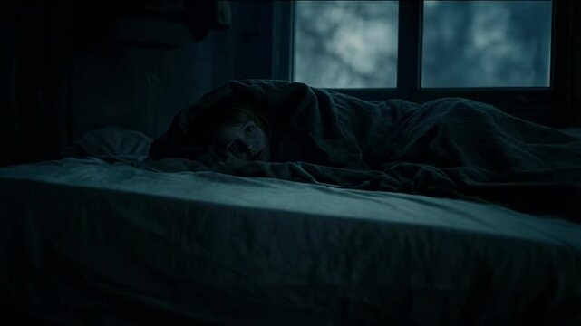 The girl snuggled under the blanket at night, feeling safe and warm as she listened to the soothing sounds outside.