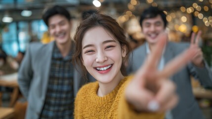 Fototapeta premium Happy young woman makes peace sign, two smiling friends blurred in background, cafe setting. : Generative AI