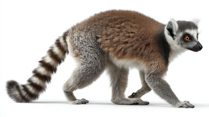 Obraz premium A ring-tailed lemur walks gracefully on a white background, showcasing its distinctive fur pattern and long, striped tail. The lemur's orange eyes and alert expression add to its capti : Generative AI