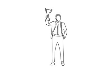 Continuous one line drawing of Business man holding up trophy cup. Single line drawing illustration of Young man holding trophy. Achievement concept vector art. Doodle line illustration.