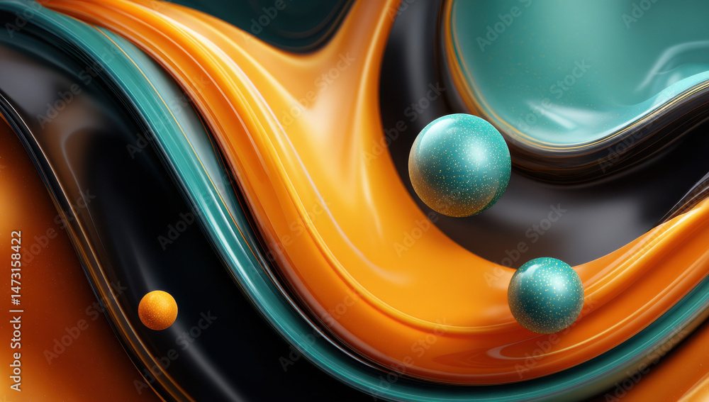 Aufkleber Abstract 3D render of swirling orange, teal, and black liquid forms with textured spheres, creating a dynamic and luxurious visual composition. : Generative AI