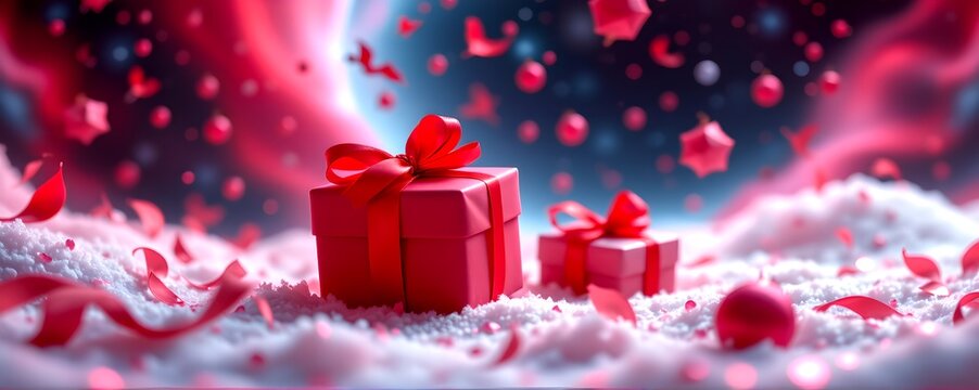 "surreal gift box galaxy   packages wrapped in red silk (pantone 19 1663 tcx chinese red) floating through pink nebula (pantone 13 2805 tcx fairy tale), shot with tilt shift for miniature effect