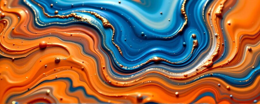 "abstract liquid art   mercury like pools in pantone 18 1440 tcx pumpkin + 19 4052 tcx blue atlas, swirling with gold leaf