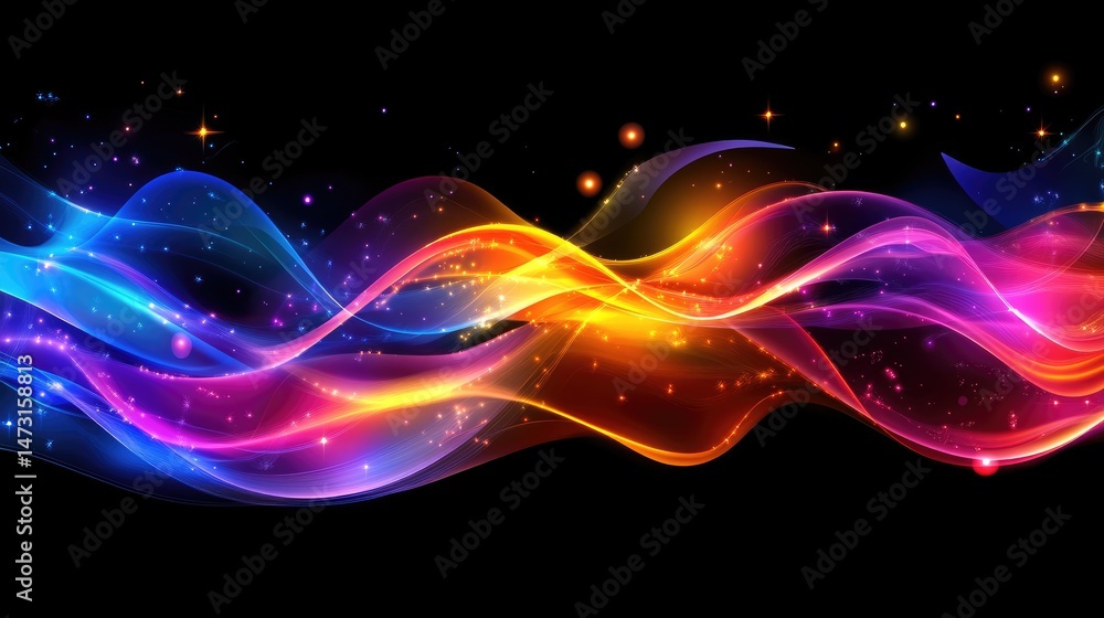 Poster digital flowing waves with interconnected points of light, symbolizing the future of technology and 