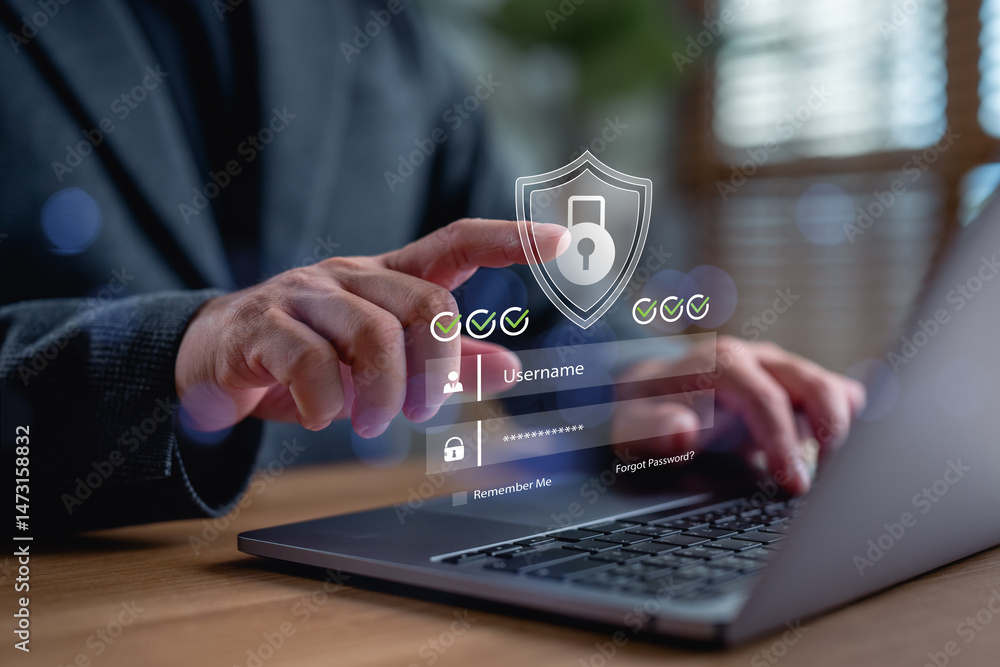 Poster User accessing secure login system with shield icon and password form, representing cybersecurity, data protection, online privacy, secure authentication, and digital identity verification.