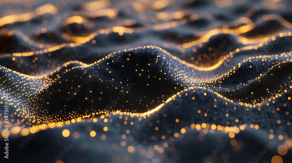 Poster digital light waves creating a flowing pattern, with sharp edges and glowing trails blending seamles