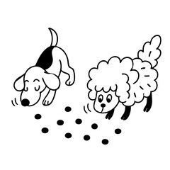 The dogs playing and happy together sniff the small thing on floor