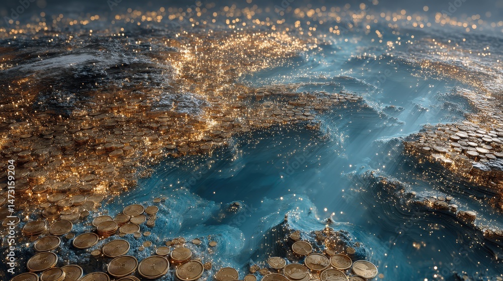 Poster abstract scene of coins connecting in an illuminated background