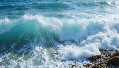 Coastal blue waves with foam, front view, low angle