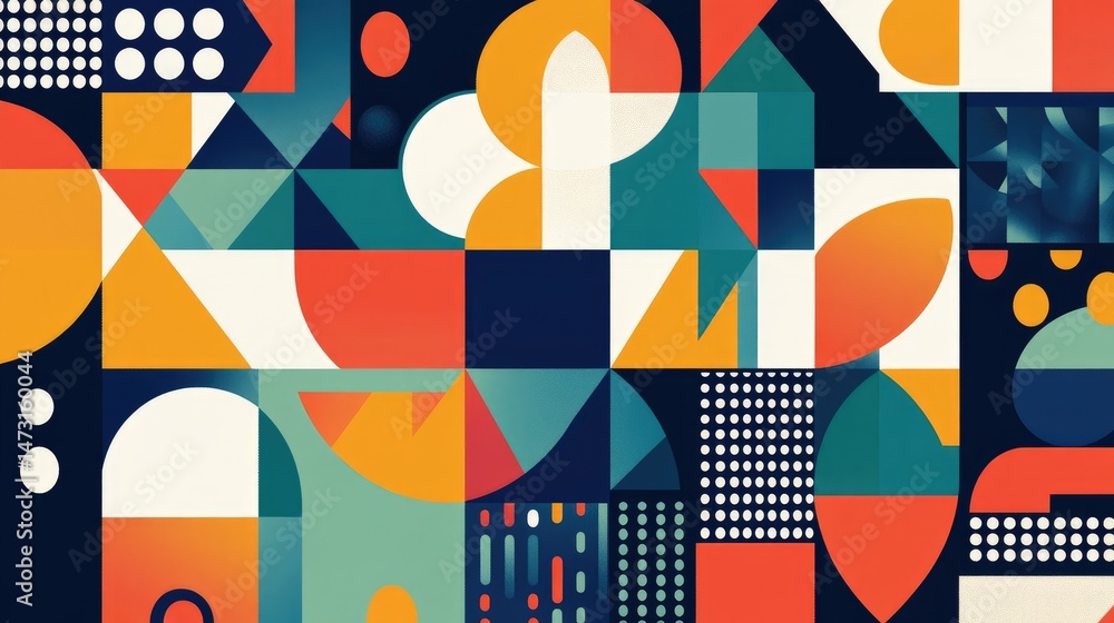 Poster dynamic geometric abstraction with circles, squares, and triangular shapes in bright colors, blendin