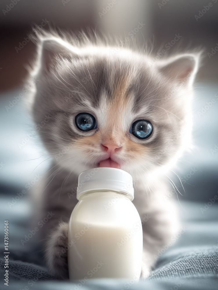 Poster adorable fluffy kitten with blue eyes enjoys drinking milk from a bottle, sitting on a soft grey bla