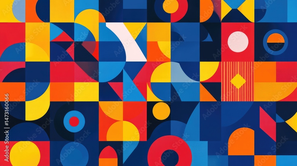 Poster dynamic geometric abstraction with circles, squares, and triangular shapes in bright colors, blendin
