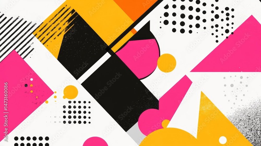 Poster dynamic geometric abstraction with circles, squares, and triangular shapes in bright colors, blendin