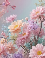 Abstract swirling pastel colors, vibrant spring blooms implied , leaves, bloom, backdrop