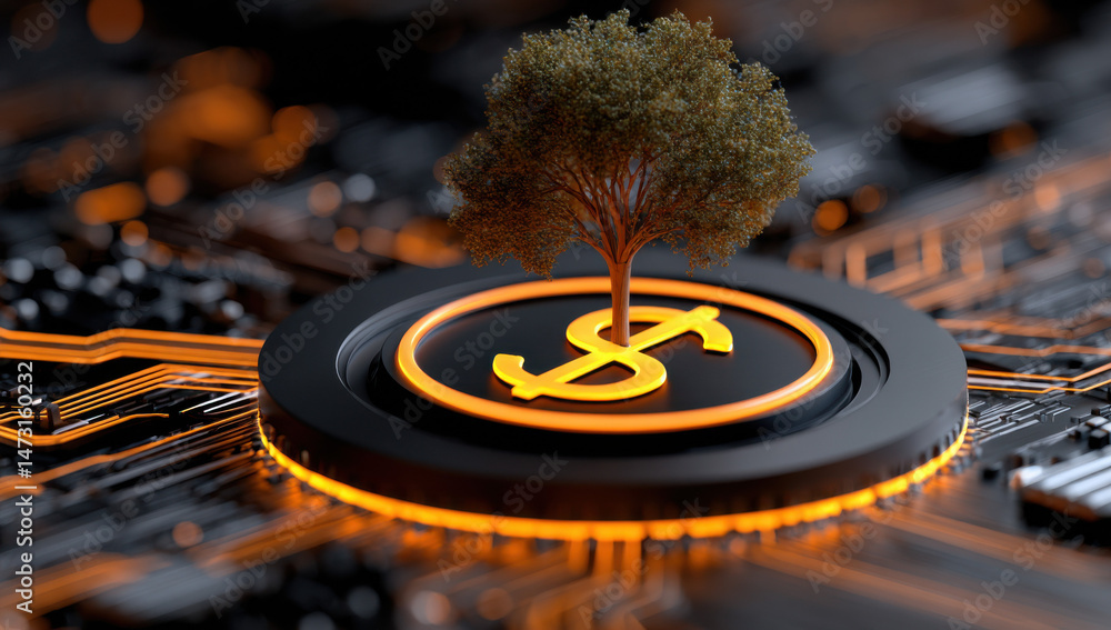 Poster a stylized tree grows from a glowing dollar sign emblem, set on a futuristic circuit board, symboliz