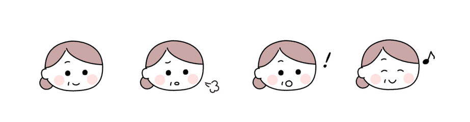 ゆるかわいい手描き風の表情セット／お団子ヘアの高齢女性