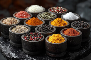 Colorful spices in small bowls