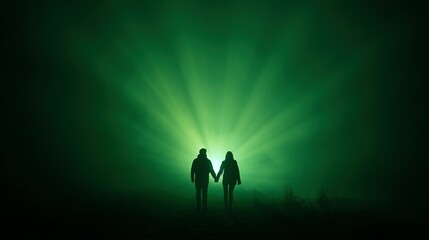 Fototapeta premium Silhouettes of two figures walking towards a bright green light.