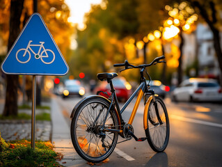 Fototapeta premium Bike is parked on a bike lane next to sign on the street during the autumn day