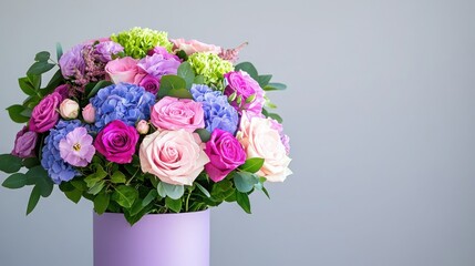 Colorful Flower Arrangement in Purple Vase on Gray Background