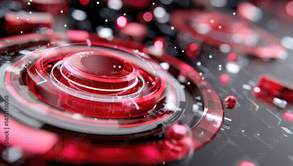 Poster Abstract futuristic technology interface with red and black circular elements, showcasing a glossy, high-tech design with depth and intricate details. : Generative AI
