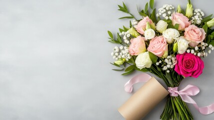 Beautiful Floral Bouquet with Pink and White Roses on Gray Background