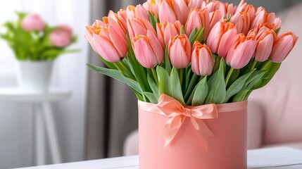 Beautiful Pink Tulips in Decorative Box with Elegant Ribbon