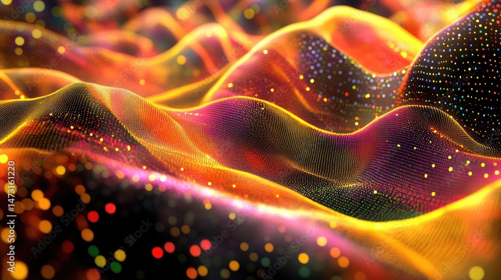 Poster flowing digital data waves in bright colors, with pixelated dots and connected lines in a sleek mode