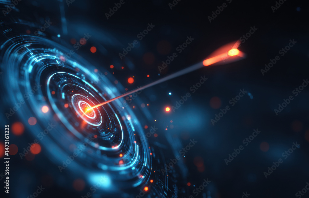 Poster futuristic target with glowing arrow hitting the center, showcasing technological precision and succ