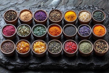Colorful spices in small bowls