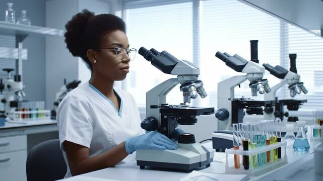 Scientist conducts research in laboratory with microscopes and samples