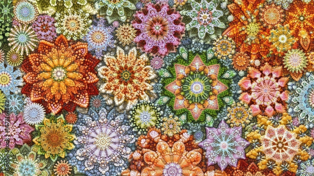 Poster fractal patterns in rich, vibrant colors creating a mesmerizing abstract background with depth