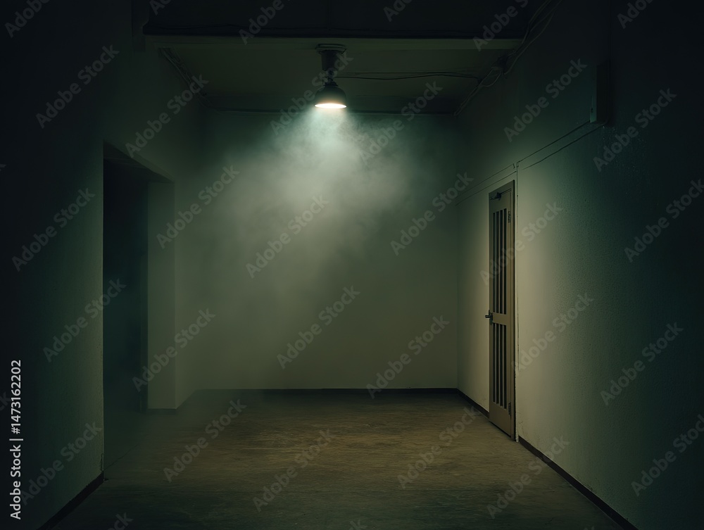 Poster empty hallway illuminated by a single light source.