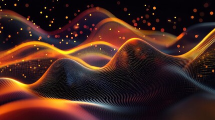 Futuristic abstract pattern with holographic elements, geometric grids, and glowing lights creating a digital landscape