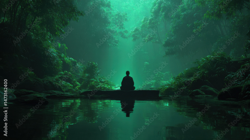 Poster serene monk meditates on a moss-covered rock beside a tranquil emerald green pond, nestled deep with