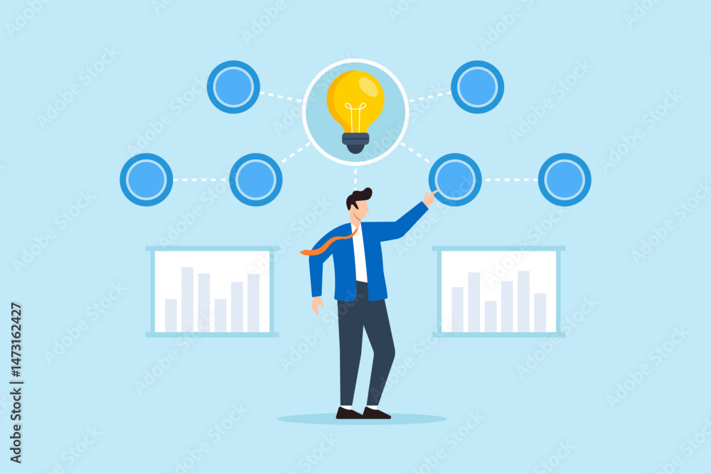 Aufkleber flat illustration of businessman activating central hub of floating data chart to illuminate idea cl