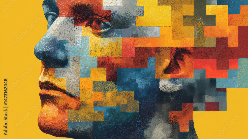 Aufkleber Abstract portrait of a man's face, fragmented into colorful pixelated blocks, creating a modern, artistic effect against a vibrant yellow background. : Generative AI
