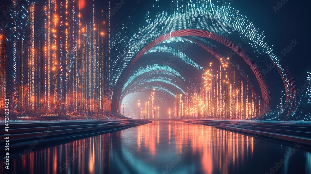 Poster futuristic data network with glowing data streams, particles, and abstract tech patterns forming a d