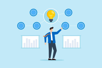 Flat illustration of businessman activating central hub of floating data chart to illuminate idea clarity and digital insight