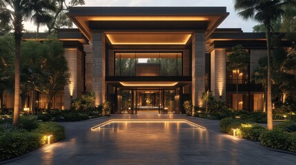 Luxury Stone and Glass Home at Dusk