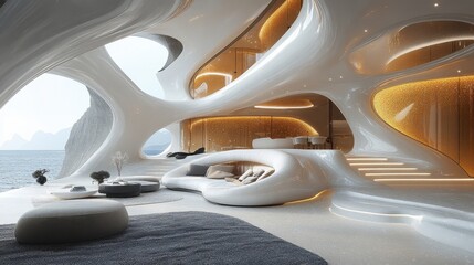 Fototapeta premium Luxury Yacht Interior Organic White Design with Golden Lighting and Ocean View
