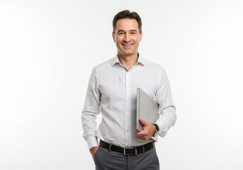 Fototapeta premium Smiling businessman holding laptop, standing against a white background in studio