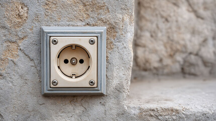 Close-up of a vintage power outlet on a textured, gray stone wall surface outdoors