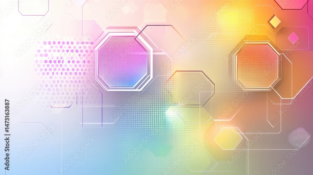 Poster geometric abstraction with angular lines, hexagons, and vivid gradients creating an energetic modern