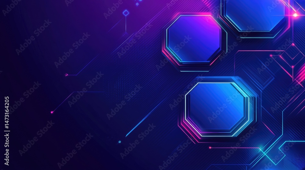 Poster geometric abstraction with hexagonal shapes and angular lines in a deep blue and purple color palett