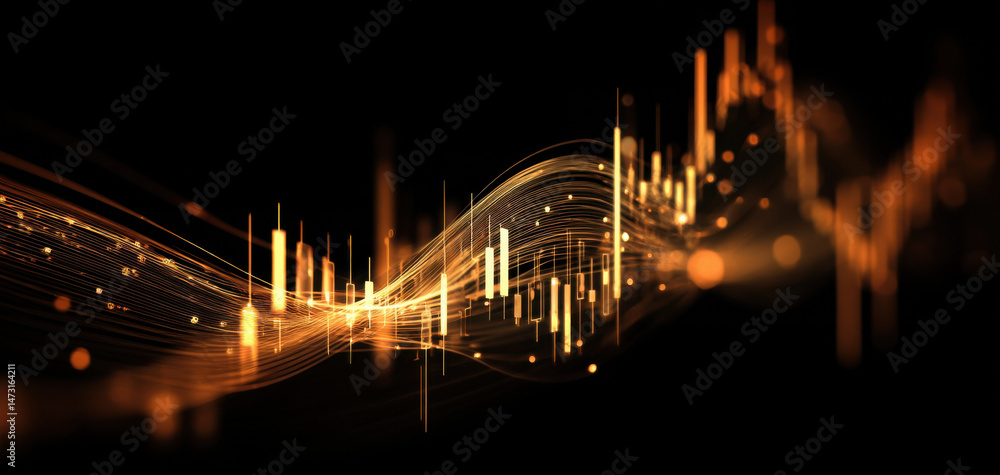 Fototapete Abstract wave of glowing orange lines and candlestick chart elements on a black background, suggesting financial data visualization or technological innovation. : Generative AI