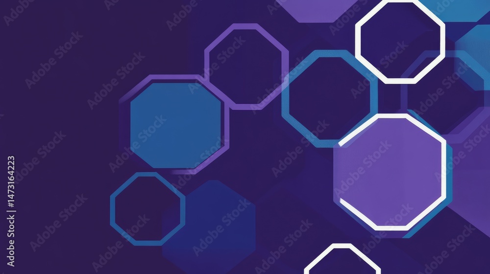 Poster geometric abstraction with hexagonal shapes and angular lines in a deep blue and purple color palett